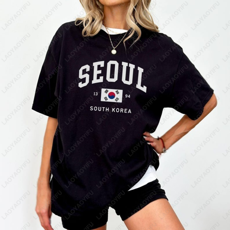 Street Fashion Of Seoul - เสื้อยืดลายธงชาติเกาหลีใต้ ซูล ยูนิเซ็กซ์ สไตล์วินเทจ คลาสสิก แฟชั่นสตรีทแวร์