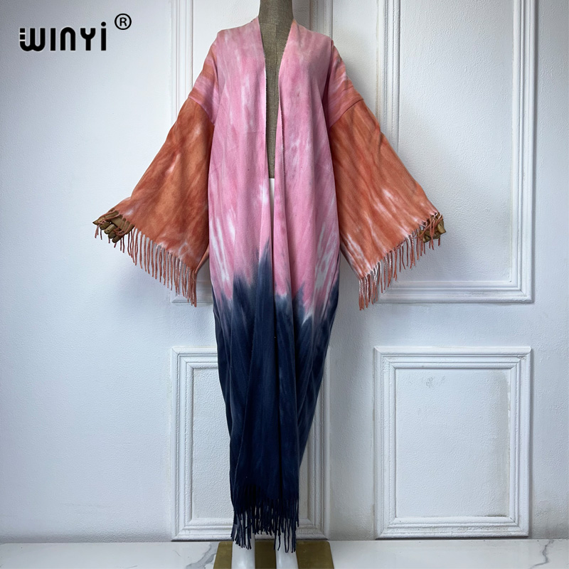 Street Fashion Dubai - WINYI Tie-ย้อมฤดูหนาวพู่เสื้อสเวตเตอร์ถักแอฟริกาผู้หญิง Maxi แจ็คเก็ต WARM Kimono