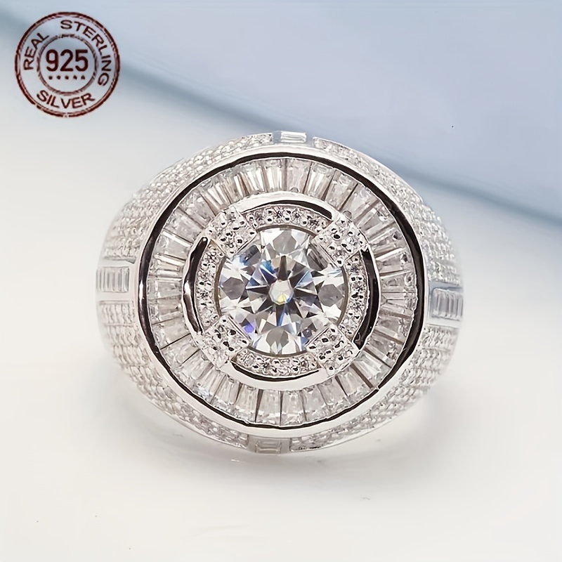 Street Fashion Rings - แหวนเงินแท้ 925 ทรงวงกลมประดับเพชรทรงบาแก็ตต์ สำหรับผู้ชาย สไตล์หรูหรา แหวนนิ้วก้อยขนาดใหญ่