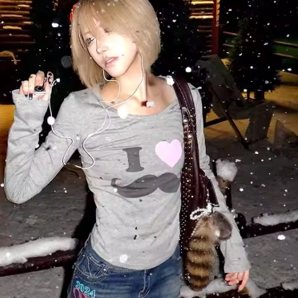 Street Fashion Japan - เสื้อยืดพิมพ์ลายเคราสไตล์ Y2K ญี่ปุ่น วินเทจ ฮาราจูกุ แขนยาว