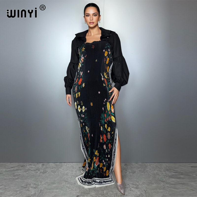 Street Fashion Dubai - ชุดเดรสทรงสลิมยืดหยุ่น WINYI ลายพิมพ์สตรีทแวร์ ชุดคลุมมุสลิมยอดนิยมสำหรับเดือนรอมฎอน แฟชั่นตะวันออกกลาง อาบายะ