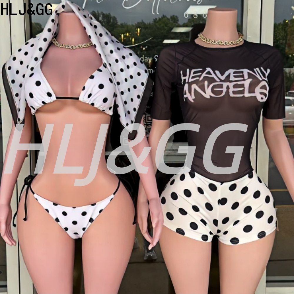 Street Fashion Art - HLJ&GG เสื้อครอปแขนสั้นคอกลมผ้าตาข่ายสไตล์ Y2K ลายตัวอักษรซีทรู ชุดเซ็ตสองชิ้นสำหรับผู้หญิง พร้อมกางเกงขาสั้นลายจุด