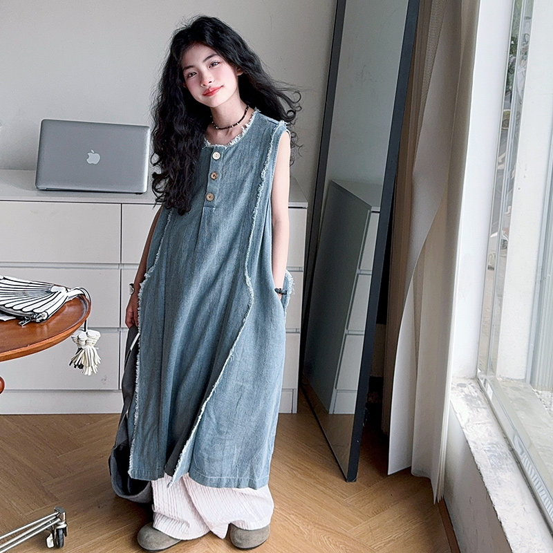 Street Fashion Girl - สไตล์หลวมเด็กหรูหราฤดูร้อน DENIM ชุดเดรสสําหรับวัยรุ่นสาวแฟชั่น Street ชุดเด็กสบายๆกางเกงยีนส์ชุด