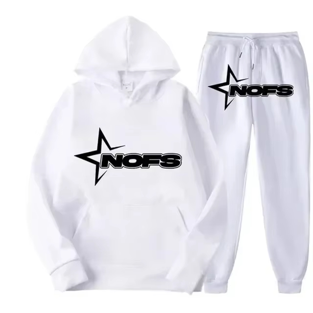 Street Fashion Art - ชุดสตรีทแวร์ผู้ชายปี 2026 เสื้อฮู้ดแขนยาวพิมพ์ลายตัวอักษร NOFS พร้อมกางเกงจ็อกเกอร์ ชุดกีฬา