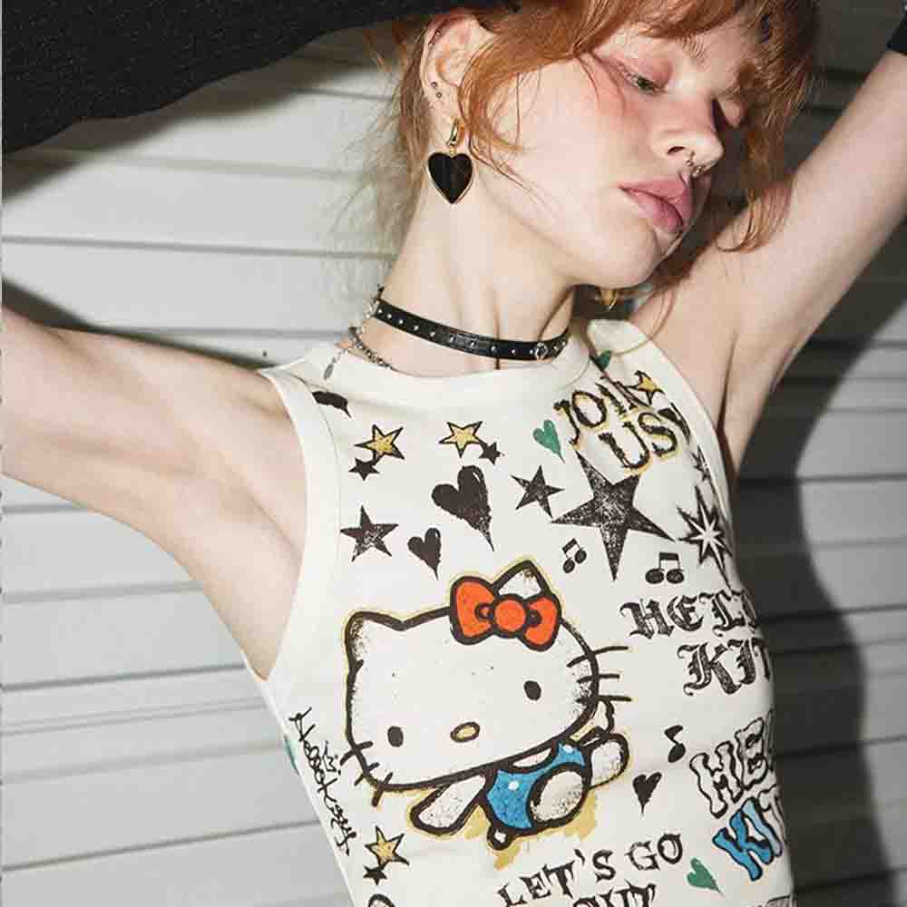 Street Fashion Girl - เสื้อครอปผู้หญิงลายการ์ตูน Hello Kitty สไตล์น่ารัก แต่งเชือกผูก แนว