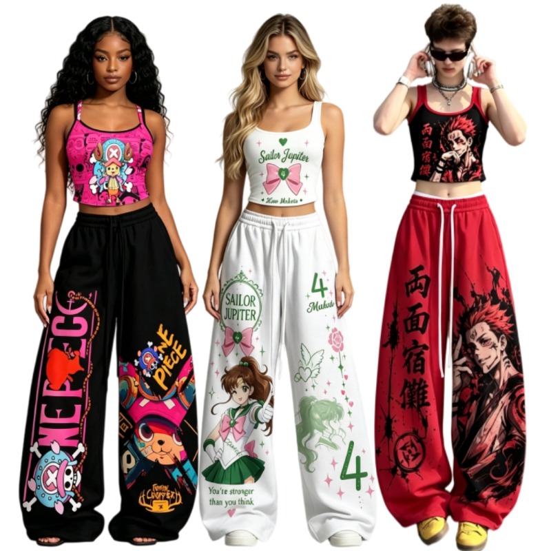 Street Fashion Japan - ชุดเซ็ต 2 ชิ้นลายอนิเมะญี่ปุ่นสำหรับผู้ชาย/ผู้หญิง สไตล์ Y2K เสื้อครอปแขนกุด